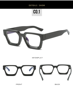 Three-view display of thick retro square eyeglasses frames in black showing all angles