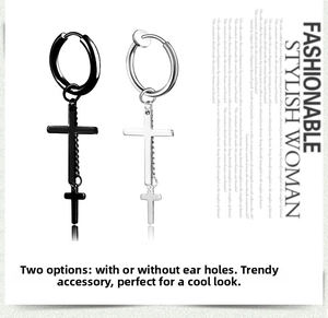 Detail of titanium steel cross drop earrings in black and silver with clip-on options