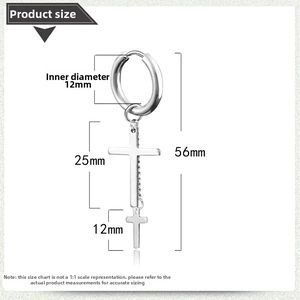 Detailed size specifications of titanium steel earrings with cross pendants on white background