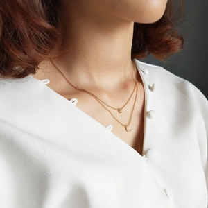 Double-layered 925 silver star and moon pendant necklace for women in gold finish