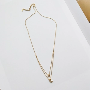 Double layer S925 sterling silver star and moon necklace with golden zircon pendants