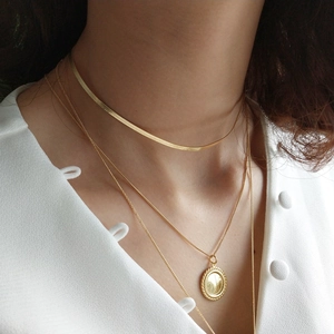 Minimalist 925 sterling silver layered snake chain necklace with gold coin pendant on model