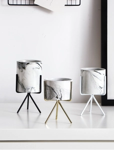 Modern marble texture ceramic pots set with stylish gold and black metal tripod stands