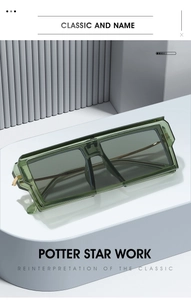 Close-up of translucent green square sunglasses with gold hinges on a white stand