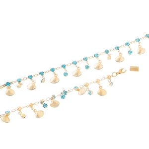Golden chain eyewear strap with sky blue rhinestones and seashell pendants for women