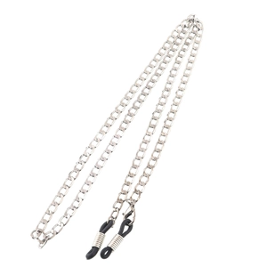 Polished stainless steel eyewear chain with silver links and anti-slip rubber loops