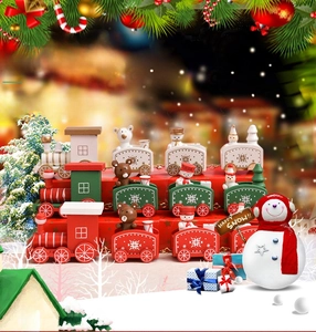 Detail of wooden Christmas train featuring mini snowman and reindeer figurines in festive colors