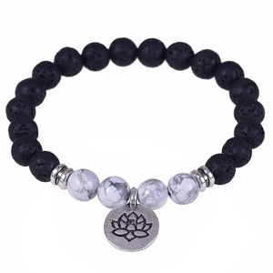 Lava Volcanic Stone White Turquoise Beaded Bracelet With Metal Lotus Pendant Elastic Yoga Meditation Fashion Jewelry