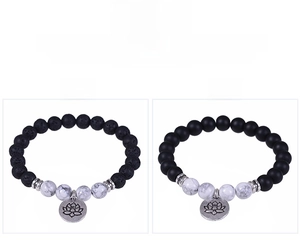 Lava stone and turquoise bead bracelets with silver lotus pendants in styles A and B