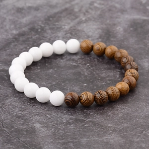 Detailed close-up of beaded bracelet with white stones and wood grain texture beads