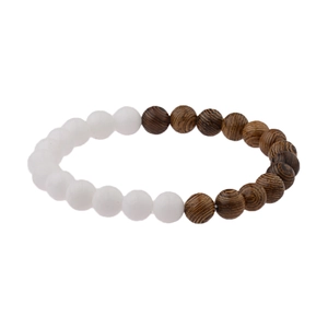Detail view of beaded bracelet with white translucent beads and dark wood grain beads