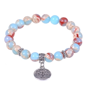Natural Snake Skin Stone Beaded Bracelet With Alloy Tree Of Life Om Hamsa Hand Pendant Boho Ethnic Yoga Jewelry