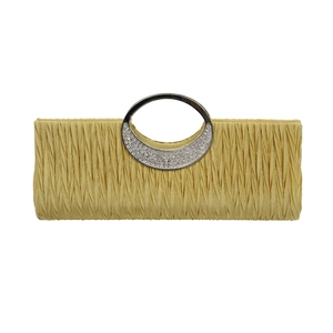 Elegant gold pleated evening clutch bag featuring a sparkling rhinestone metal ring handle