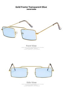 Macro detail of retro gold metal square sunglasses with transparent light blue lenses