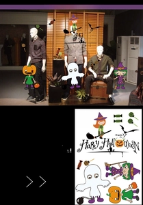 Detail of Halloween window clings featuring ghosts, witches, pumpkins and bats for DIY layout