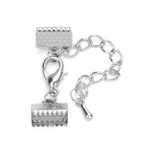Detailed set of silver lobster clasp with extender chain and ribbon crimp ends for jewelry