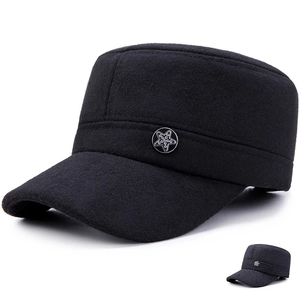 Men's thick wool cadet cap in black featuring a silver pentagram star metal buckle