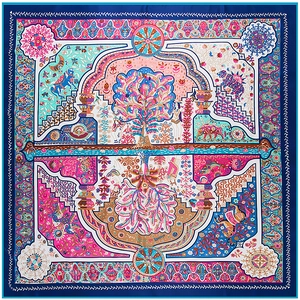 Satin silk square scarf featuring the Tree of Life and Four Elements vibrant pattern