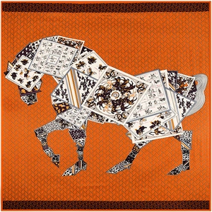 Orange square silk scarf with horse pattern design and vibrant aesthetic elegance