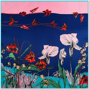 Heavyweight twill silk scarf with floral ocean lake pattern 130cm square wrap