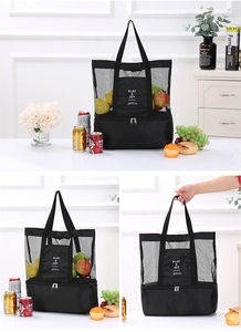 Black dual-layer mesh beach bag with zipper thermal cooler base for picnic food and drinks