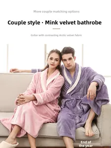 Detailed view of plush mink fleece couple bathrobes with contrast collar and tie waist
