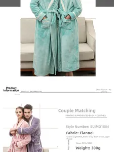 Detail view of 300g flannel bathrobes in pink and grey showing belt and pocket features