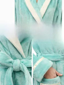 Detail shots of mint green plush bathrobe showing the collar, waist tie, and side pocket