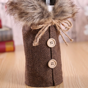 Brown herringbone wine bottle cover with faux fur collar and wooden buttons decoration
