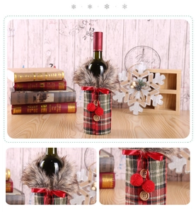 Detail of red green plaid wine bottle cover with brown faux fur collar and wooden buttons