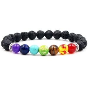 Men's yoga chakra bracelet with black lava stone and seven colorful gemstone beads