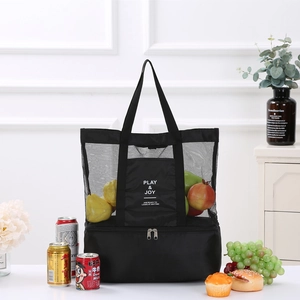 Dual-layer black mesh beach tote with insulated bottom compartment for picnic and travel