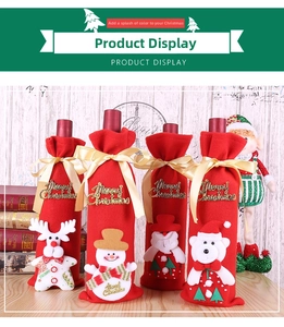 Close-up of Christmas wine bottle covers with 3D reindeer, snowman and Santa patterns