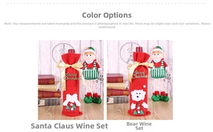 Detail of Christmas wine bottle covers featuring Santa and bear motifs with gold bows
