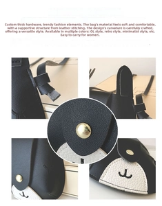 Detail view of cartoon puppy mini bag with lychee grain PU leather and gold magnetic buckle