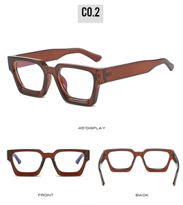 Three-angle macro view of tea brown thick square frame glasses in front and back display