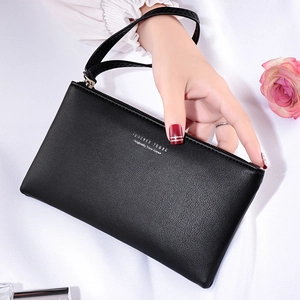 Minimalist black faux leather long wallet for women with Forever Young lettering and strap