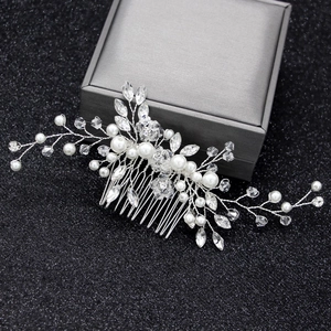 Elegant silver hair comb with white pearls and clear crystal beads for bridal hair