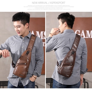 Brown leather chest bag with multi-zipper pockets and integrated USB charging port
