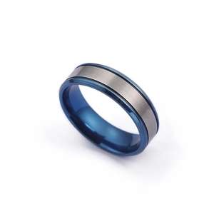 Industrial style brushed silver and deep blue plated stainless steel ring for men