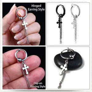 Cross dangle earrings with chain fringe in hoop and clip-on styles for men and women