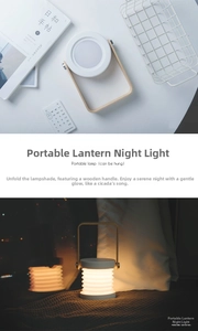 Detail of expandable lantern night light with wooden handle and telescopic pleated design
