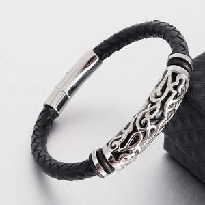 Men Braided Cowhide Leather Bracelet With Vintage Hollow Stainless Steel Magnetic Buckle Retro Geometric Fashion Jewelry