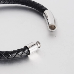 6mm braided black leather bracelet for men with silver stainless steel magnetic clasp