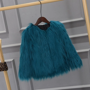 Girl's thick faux fur coat in teal peacock blue with round neck and luxury long hair texture