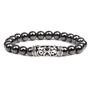 Bracciale in ematite magnetica 8mm con tubo curvo in metallo argentato traforato