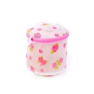 Cylindrical mesh laundry bag for bras with pink rose floral print and zipper closure