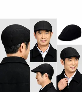 Detailed multi-angle views of black wool blend newsboy cap for men featuring warm thick fabric