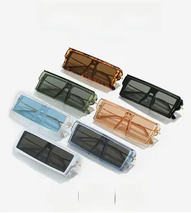 Detailed overhead view of oversized square sunglasses in seven diverse retro fashion colors