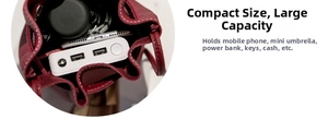 Internal view of burgundy leather bucket bag showing storage for phone and umbrella